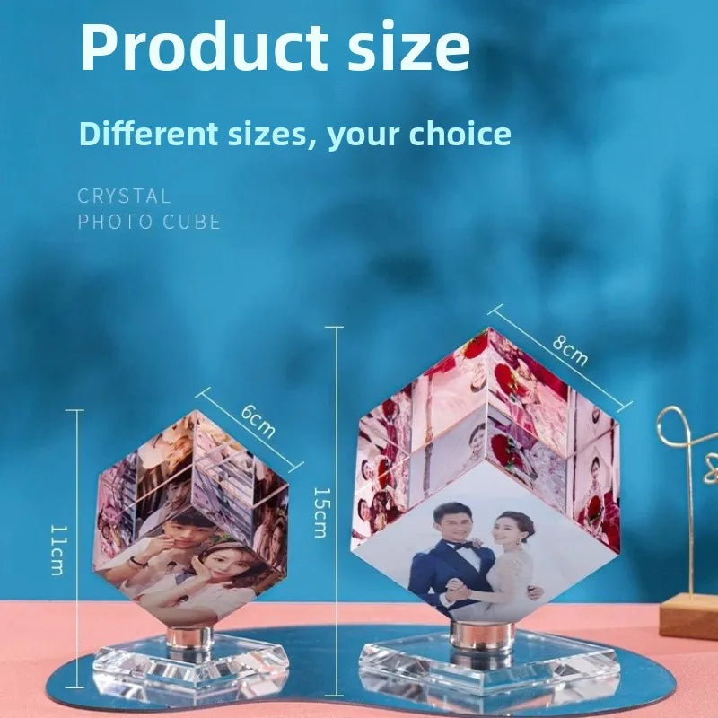 Customized Crystal Cube Photo Rotating Tabletop Color Printing for Wedding DIY Creative 3 Pictures Gift for Girlfriend Bestie