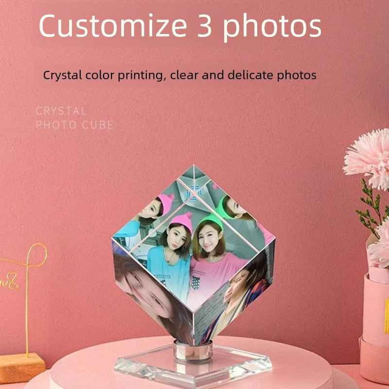Customized Crystal Cube Photo Rotating Tabletop Color Printing for Wedding DIY Creative 3 Pictures Gift for Girlfriend Bestie