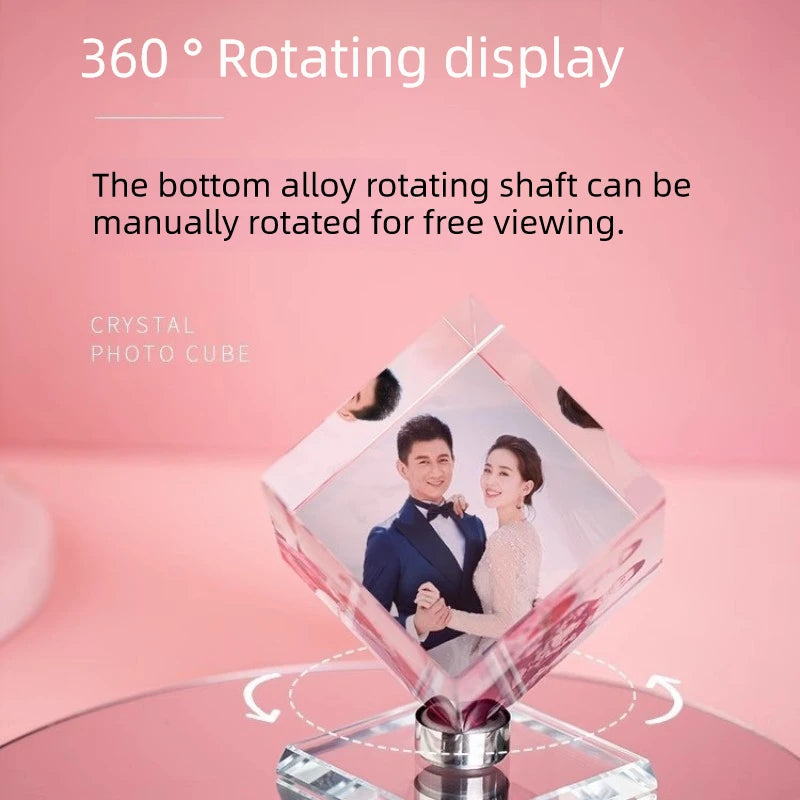 Customized Crystal Cube Photo Rotating Tabletop Color Printing for Wedding DIY Creative 3 Pictures Gift for Girlfriend Bestie
