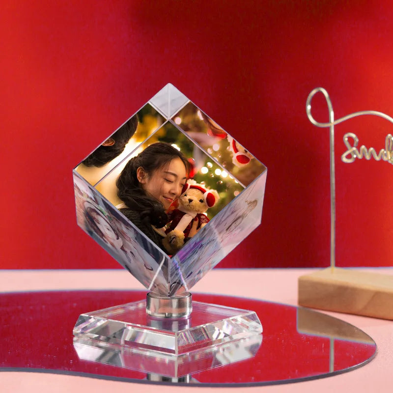 Customized Crystal Cube Photo Rotating Tabletop Color Printing for Wedding DIY Creative 3 Pictures Gift for Girlfriend Bestie