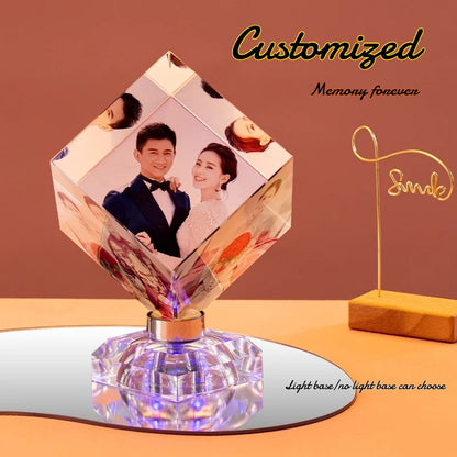 Customized Crystal Cube Photo Rotating Tabletop Color Printing for Wedding DIY Creative 3 Pictures Gift for Girlfriend Bestie